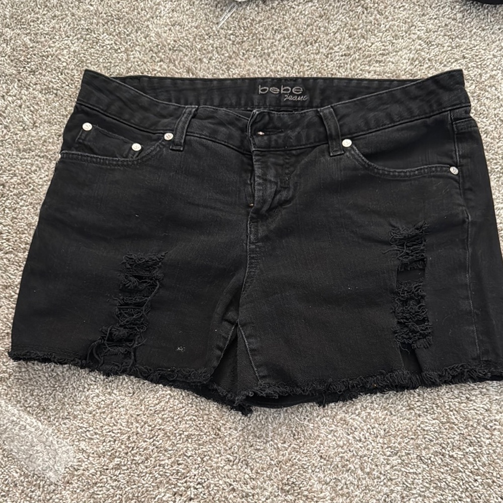 Bebe jeans destroyed black frayed raw hem 30 / 10 Black Denim Shorts mid rise